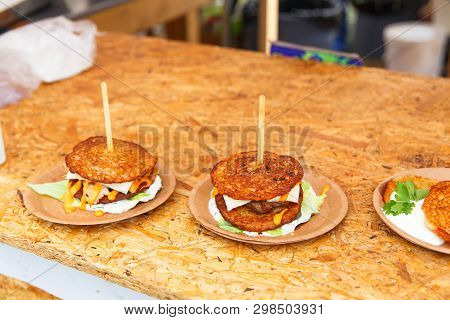 Original Belarusian Potato Burgers With Fried Potato Pancakes Instead Of A Bun.