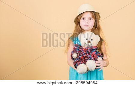 Cutest Ever. Small Girl Straw Hat Hold Teddy Bear Plush Toy. In Love With Cute Teddy Bear. Happy Chi