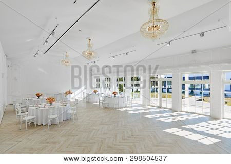 Beautiful White Banquet Hall. Wedding Decor, Interior. Banquet Service