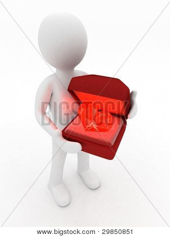 3D hombre sosteniendo una caja con un corazón de diamante