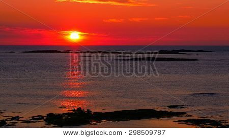 Seascape On Andoya Island, Rocky Coastline At Midnight Sun During Summer, Vesteralen Archipelago, No