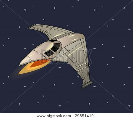 Cartoon Illustration Of Flying Spaceship In Starry Sky. Vector