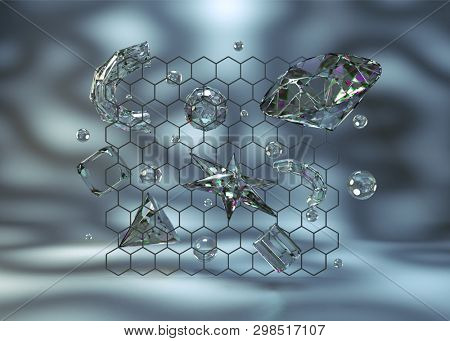 Realistic crystal elements such as spehres, star, tubes, cones on glossy blue background.