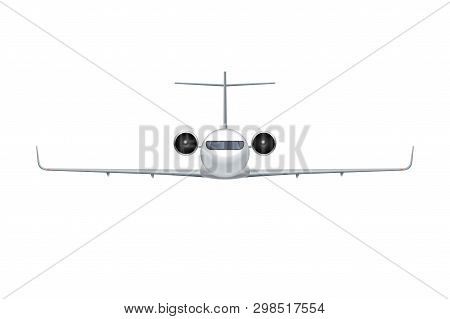 Flying Airplane, Regional Jet Aircraft, Airliner. Front View Of Detailed Passenger Air Plane Isolate