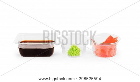 Set Of Sushi Tablewear Saucer With Soy Sauce, Small White Bowls For Ginger And Wasabi At White Backg