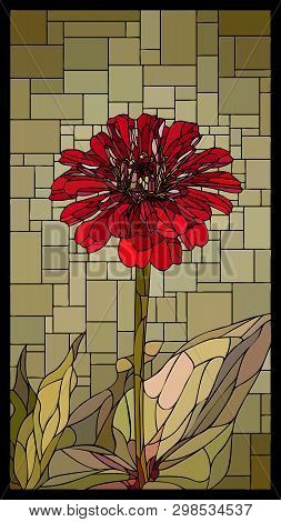 Vector Angular Mosaic With Blooming Red Zinia With Leaf Stained-glass Window.