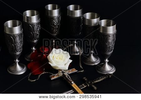 Crucifix Inlaid With Wood, Stylet With Medieval Ornament On Handle, Metal Cups (souvenirs, Germany) 
