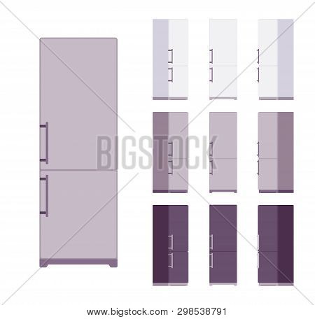 Fridge Set, Kitchen Equipment. Refrigerator To Keep Cool, Appliance To Store Food And Drink Fresh. V