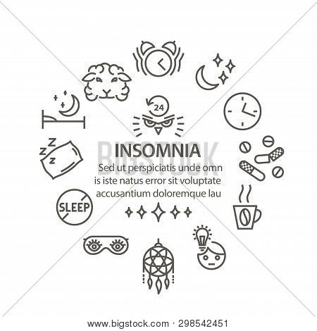 Insomnia Disease Circle Template In Line Art Stule. Mental Disorders Of Insomnia Round Banner. Menta