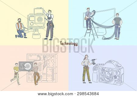 Technicians Repairing Electronics, Technical Equipment Repairman Service Center, Camera Details Chec