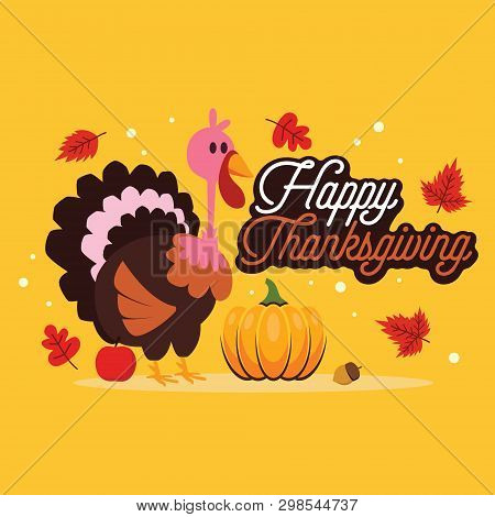 Thanksgiving Day Banner Template,turkey,pumpkin And Leaf Greeting Card., Suitable For Website Or Soc