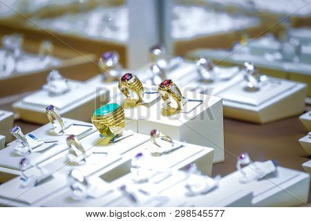 Golden Ruby And Jade Ring In Display Mirro Box.