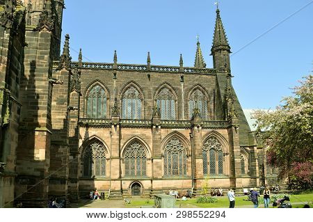 Chester, Cheshire, England, Uk, Europe - April 19, 2019 : The Historical Chester Cathedral Is A Chur