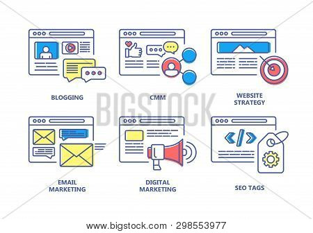 Seo And Digital Marketing Color Line Icons Set. Email Marketing, Digital Marketing, Content Marketin
