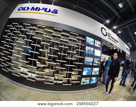 Moscow, Russia - April 11, 2019: Art Space Booth Of Olympus Company At Photoforum 2019 Trade Show An