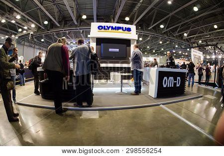 Moscow, Russia - April 11, 2019: Booth Of Olympus Company At Photoforum 2019 Trade Show And Exhibiti