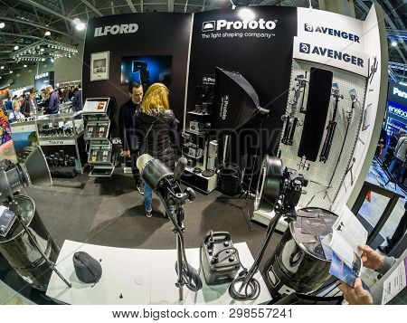 Moscow, Russia - April 11, 2019: Common Booth Of Avenger, Ilford And Profoto Companies At Photoforum