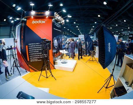 Moscow, Russia - April 11, 2019: Booth Of Godox Company At Photoforum 2019 Trade Show And Exhibition