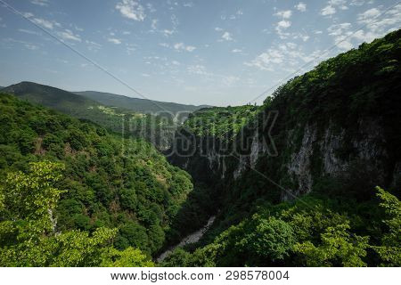 Aerial Road In Okace Okatse Canyon - Georgia. Modern Tourist Landmark And Attraction In Georgia Moun