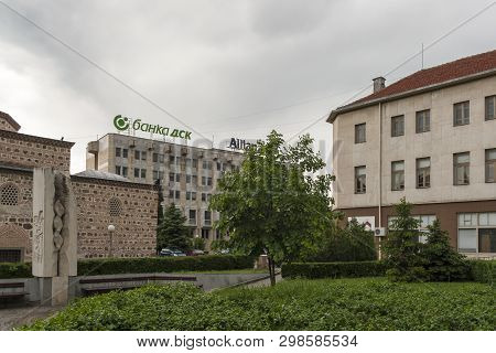 Yambol, Bulgaria - May 3, 2008: Building And Street At The Center Of Town Of Yambol, Bulgaria