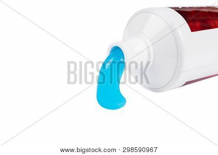 Toothpaste Isolated On White Background. Tube Of Blue Toothpaste Isolated On White With Clipping Pat