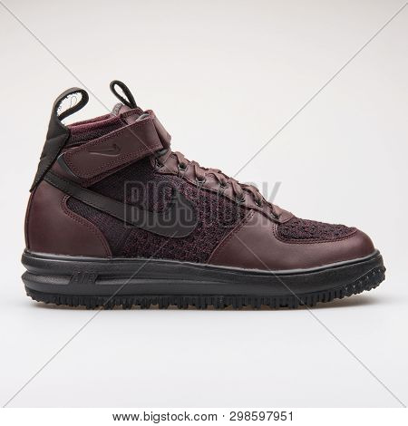 Vienna, Austria - August 23, 2017: Nike Lunar Force 1 Flyknit Workboot Deep Burgundy Sneaker On Whit