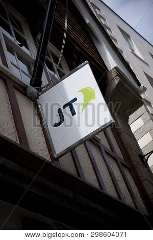 A Jersey Telecom Sign On The High Street In The Town Of St Pierre Port (st Peter Port), The Main Set