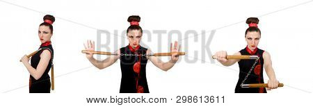 Funny woman with nunchucks isolated on white