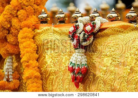Thai Garland On Pagoda Barricade