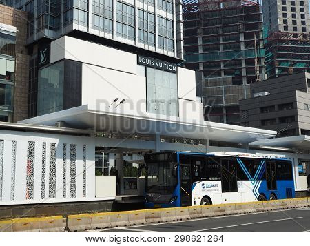 Jakarta, Indonesia - April 17, 2019: Transjakarta Bus Getting Some Passengers At Bundaran Hi Bus She