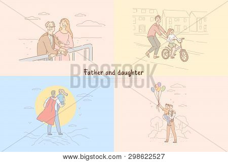 Father And Daughter Relationship, Parent Teaching Kid Riding Bicycle, Childhood Happy Moments Banner