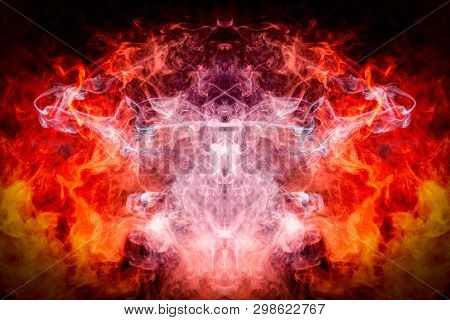 Cloud Of Red And Blue Smoke  In The Form Of A Skull, Monster, Dragon  On A Black Isolated Background
