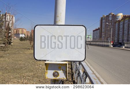 The Power Button Traffic Lights At The Crosswalk With A Blank Sign. On An Empty Sign Can Be Applied 