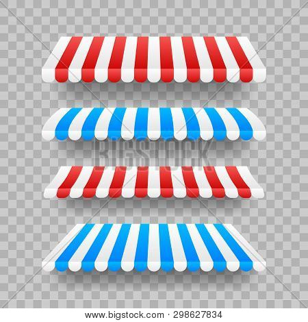 Colored Striped Awnings Set For Shop, Restaurants And Market Store On Transparent Background. Vector