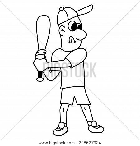 Boy Play Baseball Outline. Isolated Stock Illustration