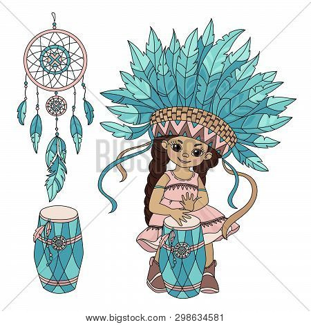 Pocahontas Music American Native Red Skinned Indian Princess Vector Illustration Set For Print Fabri