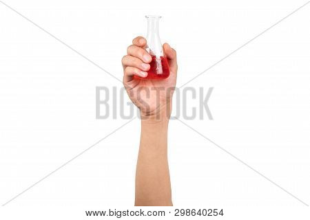 Erlenmeyer Flask Or Conical Flask With Red Water Or Red Liquid Holding By Boy Hand Isolated On White
