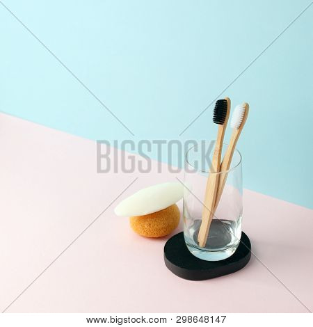 Zero Waste Bathroom. Natural Products Sponge, Konjac, Washcloth, Soap, Glass Tumbler, Toothbrush On 