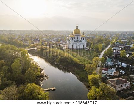 The City Of Morshansk. Spring Aerial View. Russia. Trinity Cathedral. River Tsna