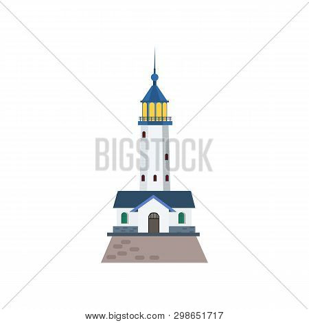 Tall Lighthouse With House For Light Keeper. Realistic Tower With Observation Deck. Can Be Used For 