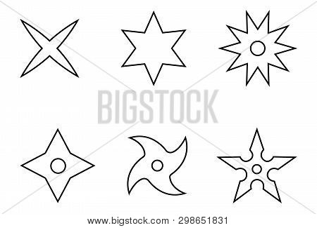 Set Of Line Style Icons Of A Shuriken. Ninja Weapon. Logo, Emblem. Clean And Modern Vector Illustrat