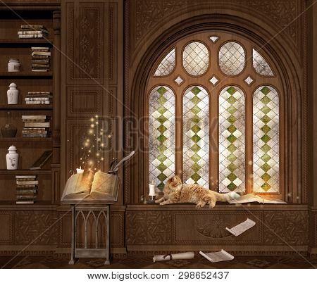 Reading Chamber With An Old Library And A Red Cat On The Windowsill - 3d Illustration