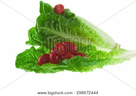Cherry Tomatoes Laid On Roman Lettuce Leaves, Healthy Food, Vegetables.