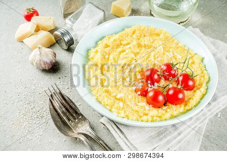 Polenta With Vegetables. Corn Porridge With Fresh Cherry Tomatoes And Parmesan Cheese, Grey Stone Co