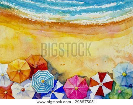 Painting Watercolor Seascape Top View Colorful Of Travel Vacation And Tour In Summery, Multi Colored