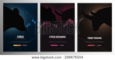 Forex. Stock Exchange Trading Banner. The Bulls And Bears Struggle. Vector Illustration.