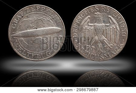 Germany German Silver Coin 5 Five Mark Zeppelin Weimar Republic