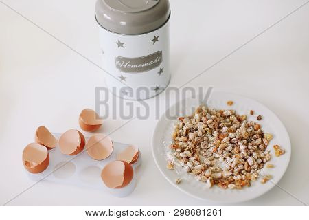 Baking Ingredients For Pastry On The White  Background. Cooking Cakes Or Bread Concept.  Cooking Ing