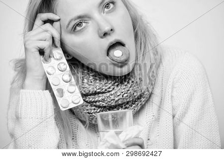 Headache And Fever Remedies. Woman Sick Person Hold Glass Water And Tablets Blister. Take Pills Reli