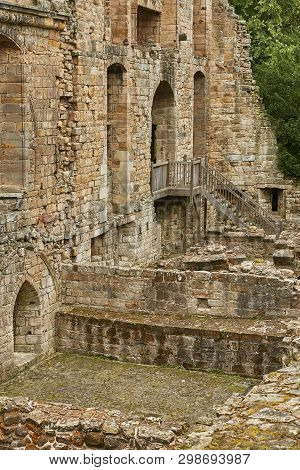Medieval Romanesque Monastery And Benedictine Cemetery In The Scottish Town Of Dunfermline In Fife.